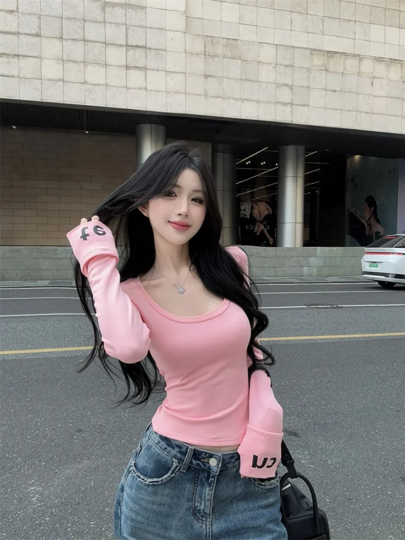 เสื้อยืดแขนยาวผู้หญิงลายพิมพ์ Ciwalk สีชมพู สไตล์ลำลอง ผ้าฝ้ายระบายอากาศ ทรงเข้ารูป ช่วยให้ดูผอมเพรียว