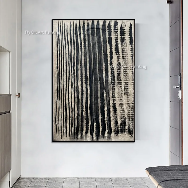Thick Texture Hand‑Painted Abstract Oil Art, Black Beige Vertical Stripe Canvas Wall Art, Modern Wabi‑Sabi Home Decor Painting