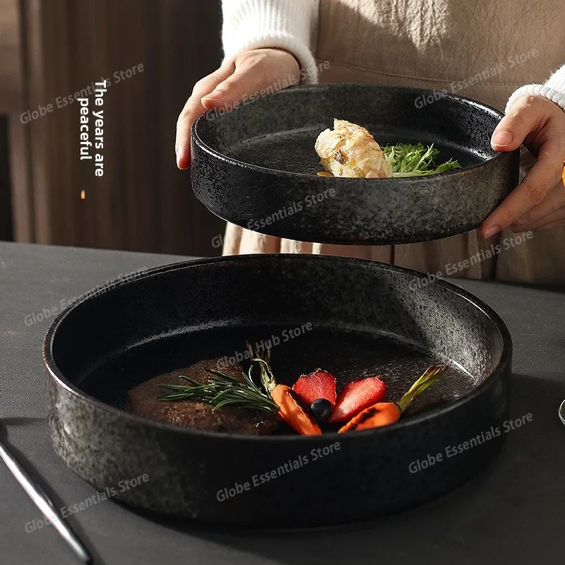 Japanese-Style Ceramic Deep Plate - 8-Inch Large Dish for Crayfish & Boiled Fish, Straight-Sided Bowl & Flat-Bottom Baking Plate
