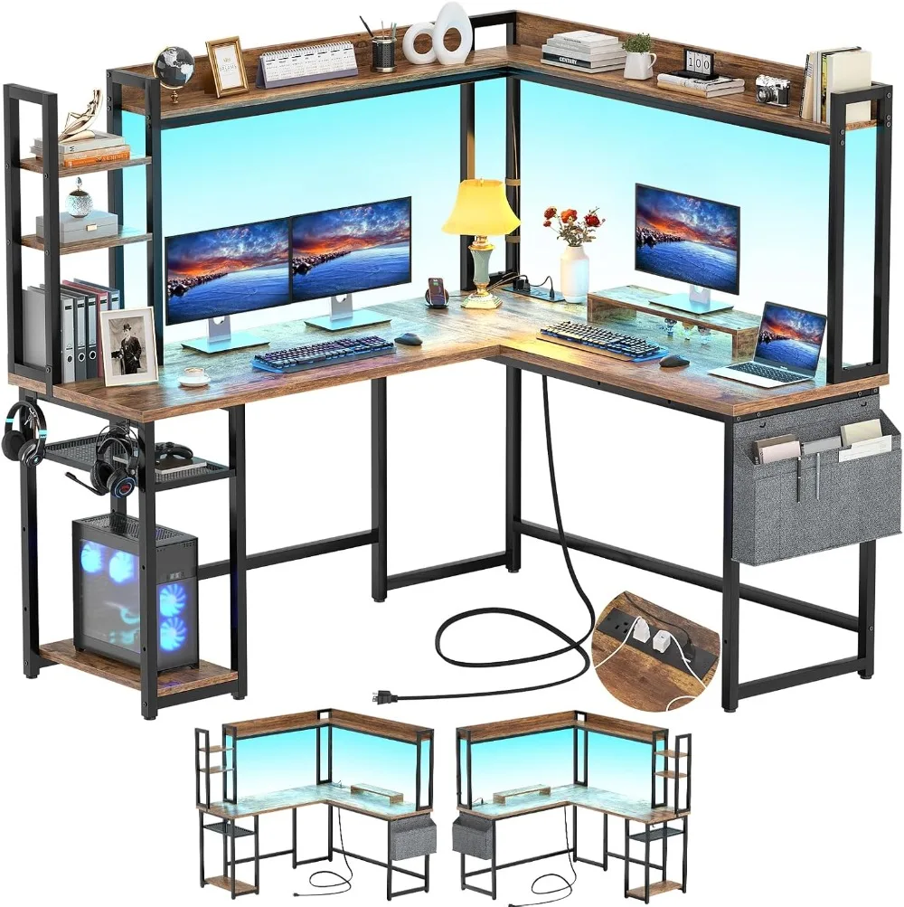 L Shaped Desk with Power Outlet, L Shaped Gaming Desk with Led Light & Hutch, Reversible Home Office Desk