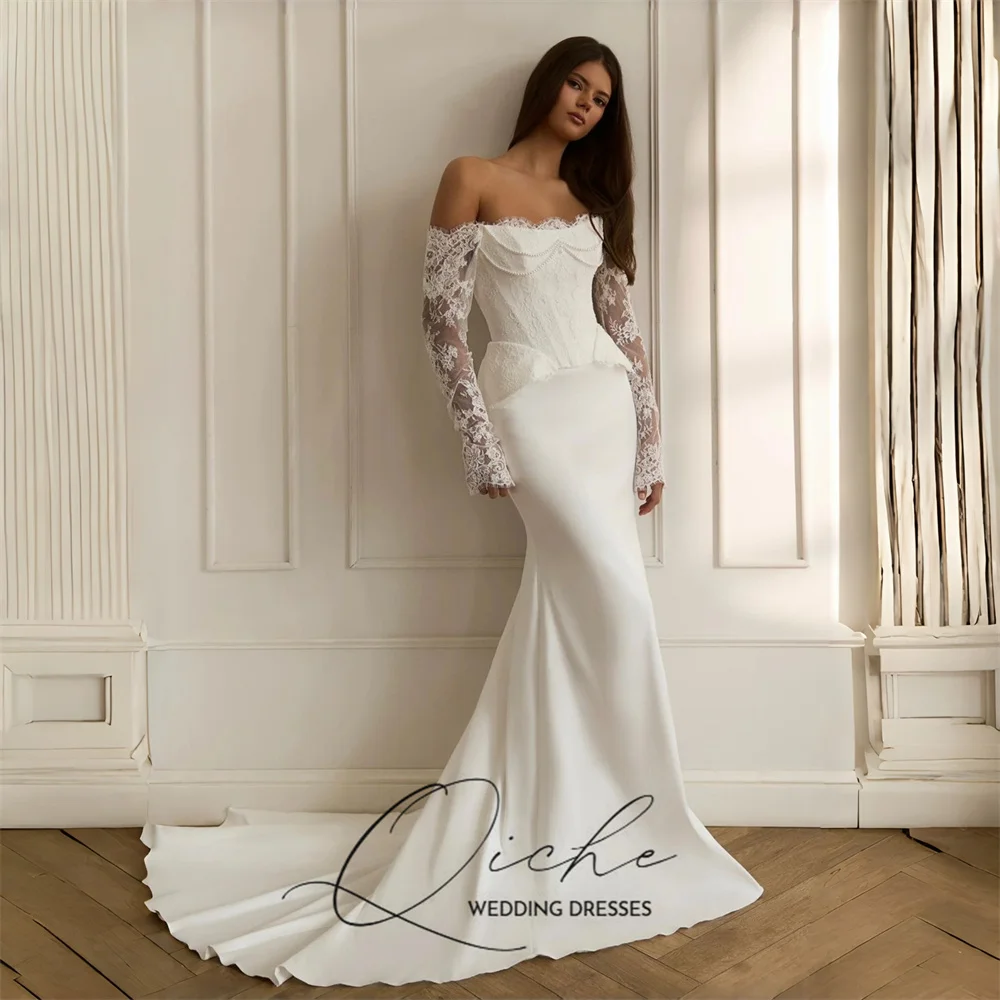 QICHE Elegant Lace Long Sleeves Mermaid Wedding Dress Off The Shoulder Strapless Bridal Party Gowns Customized Vestidos De Novia