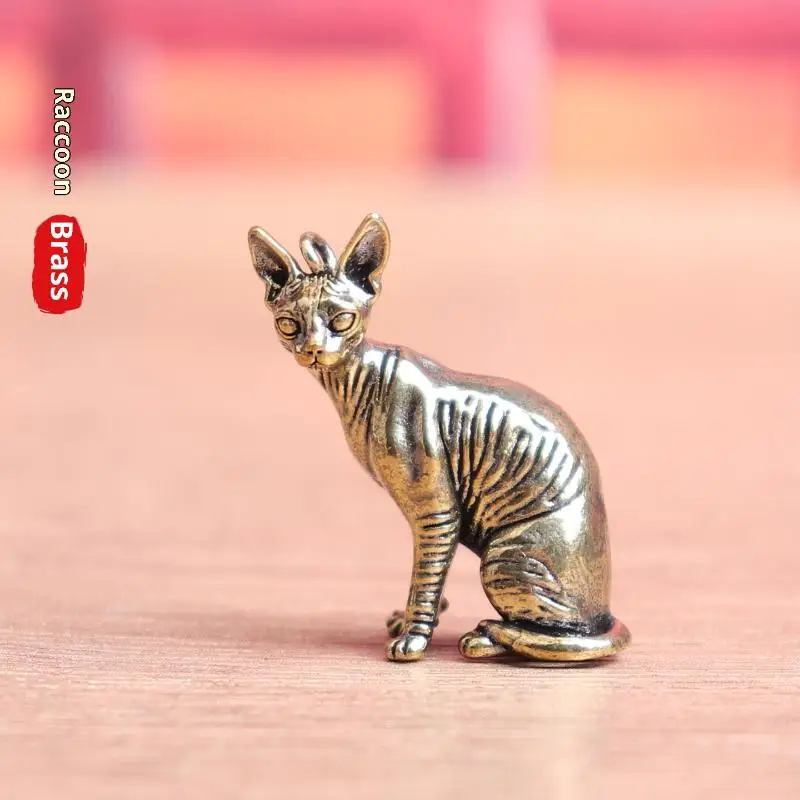 Solid Brass Hairless Cat Small Statue Desktop Ornaments Vintage Animal Figurines Model Lucky Home Decorations Crafts Accessories
