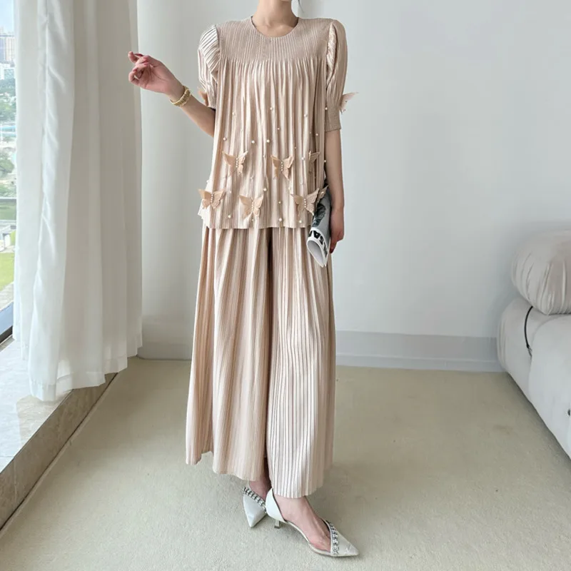 YFPF Women Pleated Beading Bow Spliced Design 2 Piece Set Short Sleeve Tops + Wide Leg Trousers Summer New Clothing 3A294