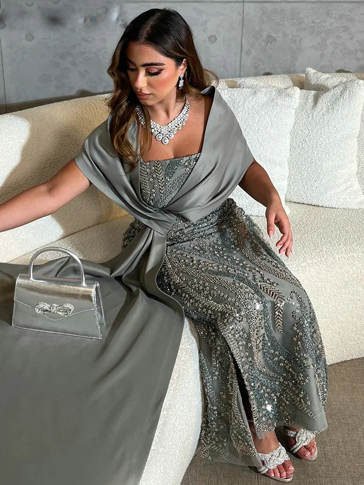 Gray Luxury Diamonds Crystal Dubai Mermaid Wedding Guest Evening Cocktail Prom Dresses for Bride Special Occasion