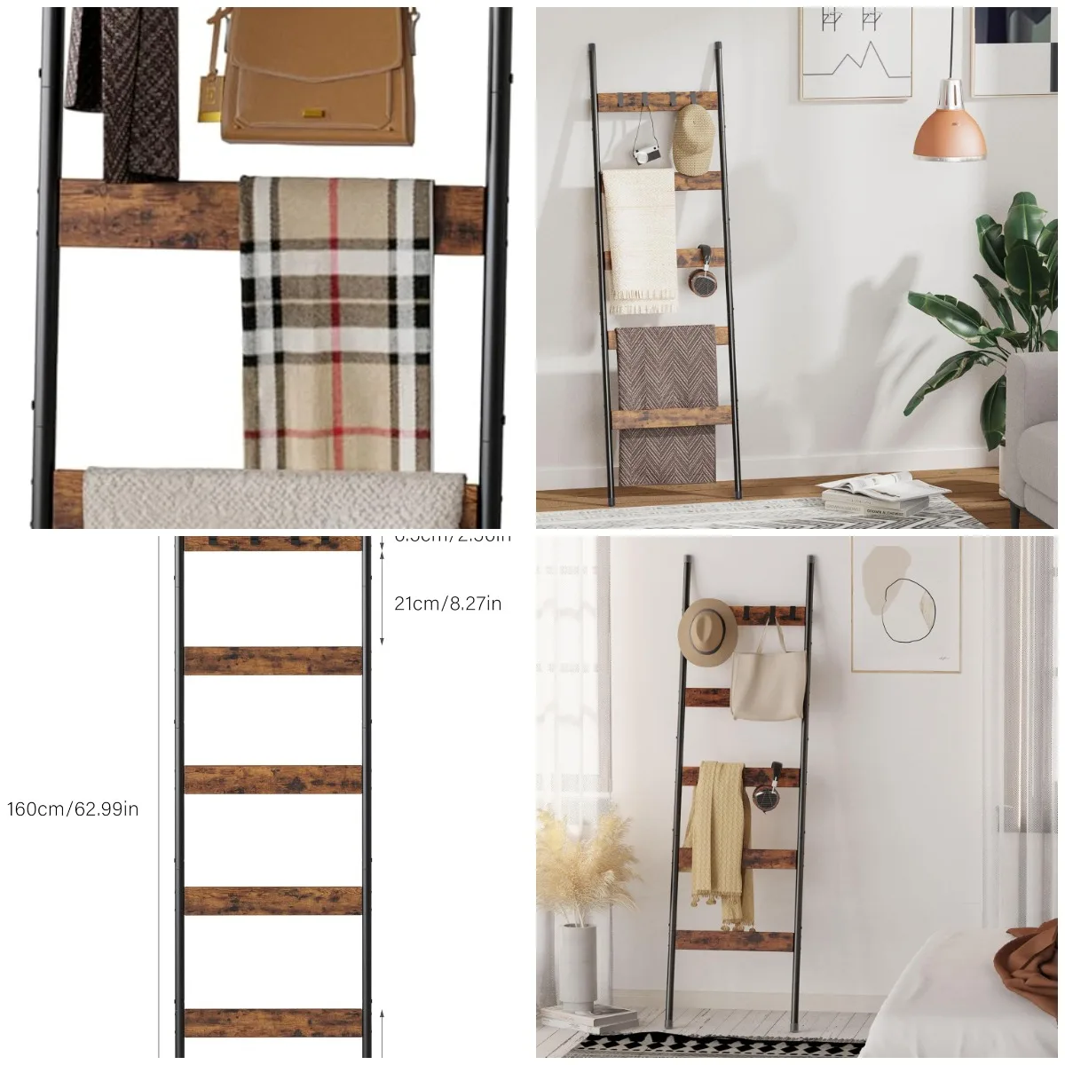 

5-Tier Blanket Ladder with 4 Hooks, Farmhouse Wooden Towel Rack, Rustic Brown Wall Leaning Shelf