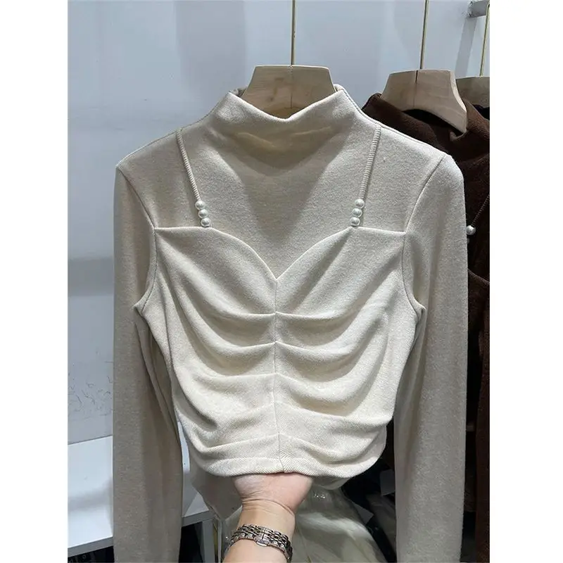 Zoete geplooide effen T-shirts met lange mouwen Koreaanse tweedelige all-match tops lente herfst nieuwe mode casual dameskleding