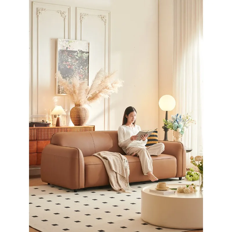Home Double small apartment leather sofa living room retro style three-person first-layer cowhide sofa straight row