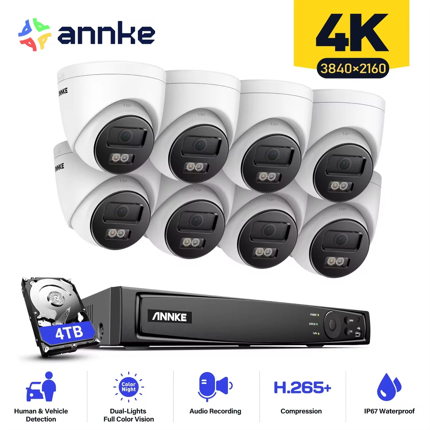 ANNKE 8CH 4K POE Sieciowy system bezpieczeństwa wideo 8MP H.265+ NVR z 8MP nagrywaniem dźwięku Odporna na warunki atmosferyczne kamera IP Zestaw