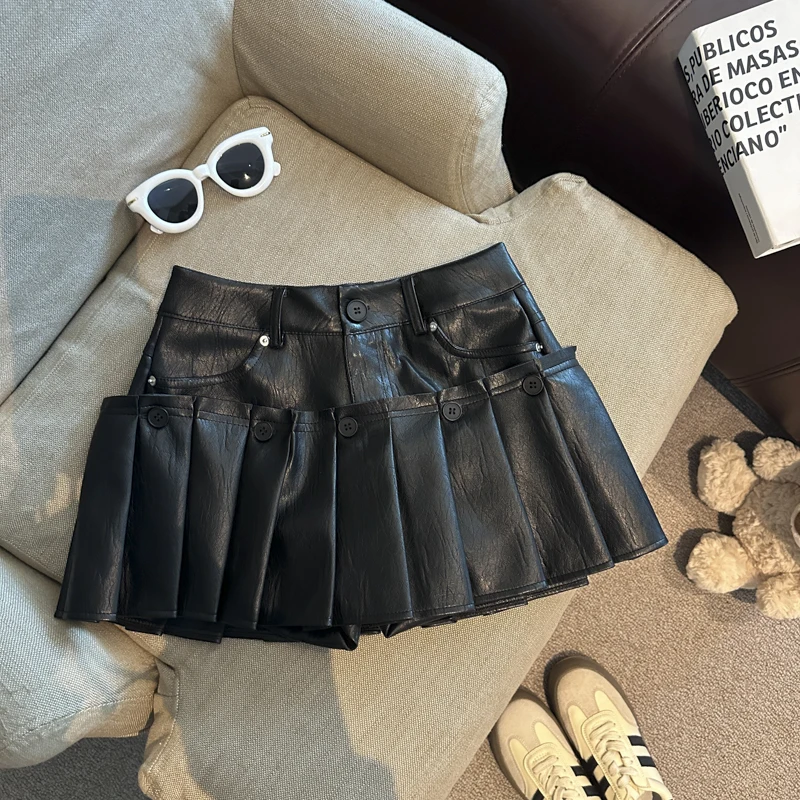 

Женская осенне-зимняя плиссированная мини-юбка из искусственной кожи нестандартной формы, женская уличная одежда, короткая юбка трапециевидной формы из искусственной кожи с высокой талией