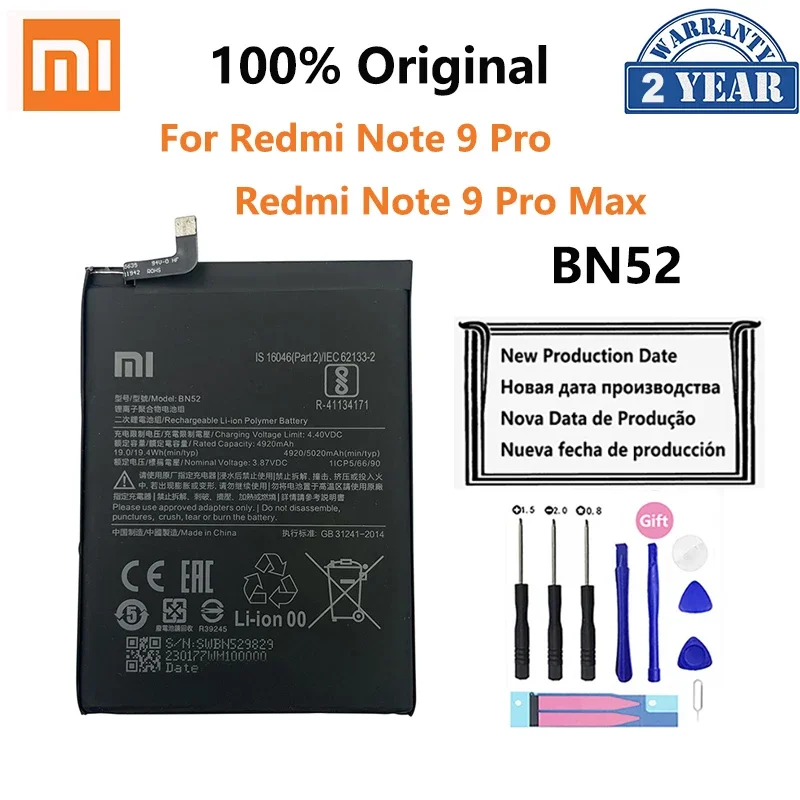 

100% Original BN52 5020mAh Phone Battery For Xiaomi Redmi Note 9 Pro Note9 9Pro Max Phone Replacement Batteries Bateria