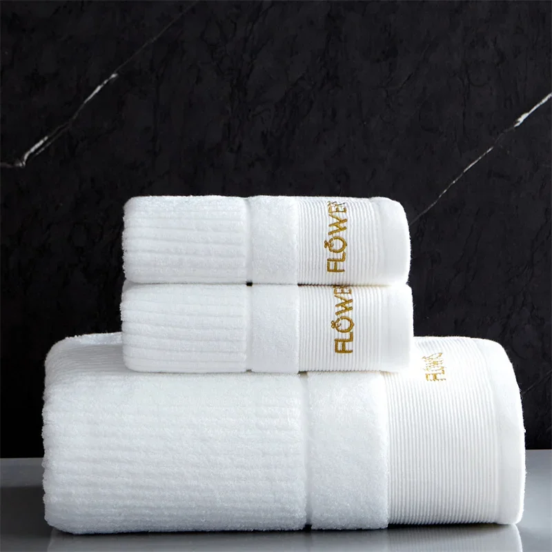 Premium White Cotton Towel Set Quick Dry Luxury Hotel Style Towels with Embroidery Bath Hand Face Washcloth for Bathroom Spa