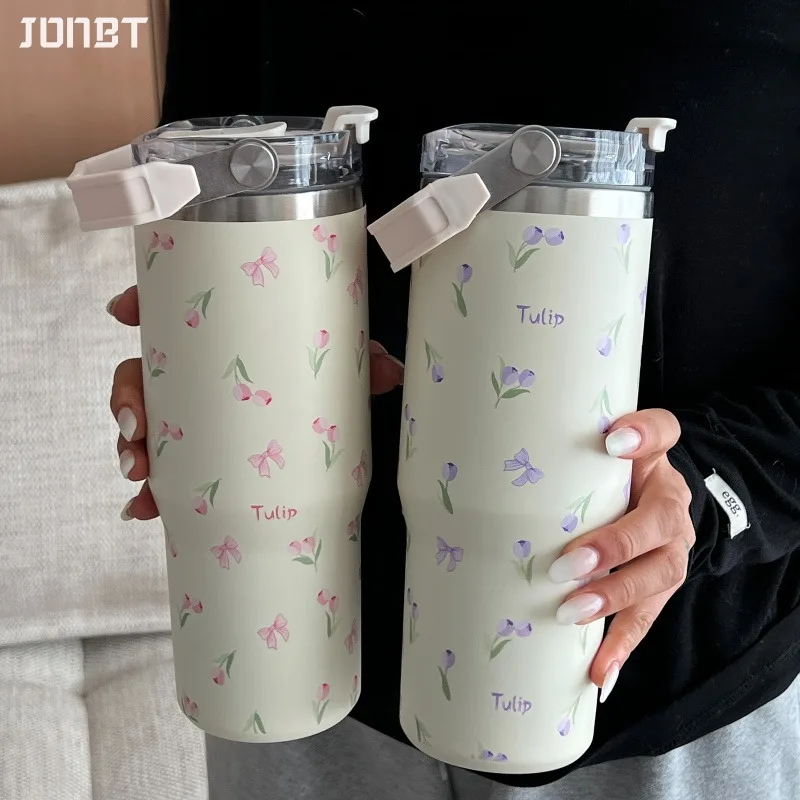 

900ml Large Capacity Thermal Water Bottle With Straw&Handle Vacuum Insulated Stainless Steel Tumbler Cup Coffee Mugs Drinkware