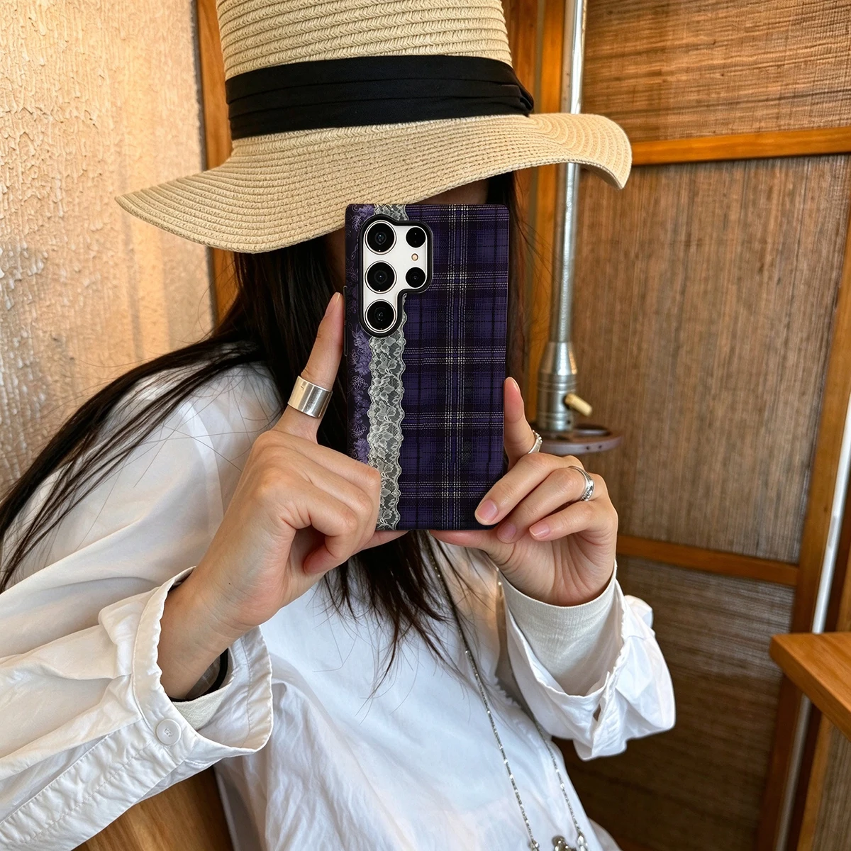 Purple Lace Plaid Vintage Hard Shock-Absorption Phone Case For Samsung Galaxy S26 S25 Ultra S24 S23 Plus 2-in-1 Protective Cover