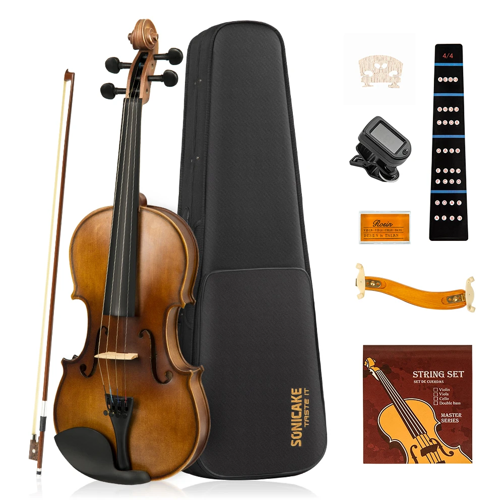 SONICAKE 4/4 Violine Set in Vollgröße Massivholz-Geige für Erwachsene mit Tasche, Zubehör QVL-01