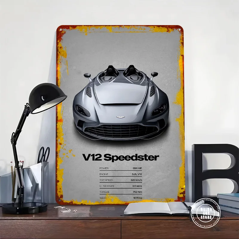 Super Sports Car Martin V12 Speedster Poster Customized Vintage Metal Signs Wall Art Retro Tin Plaque for Decoration Gaming Home