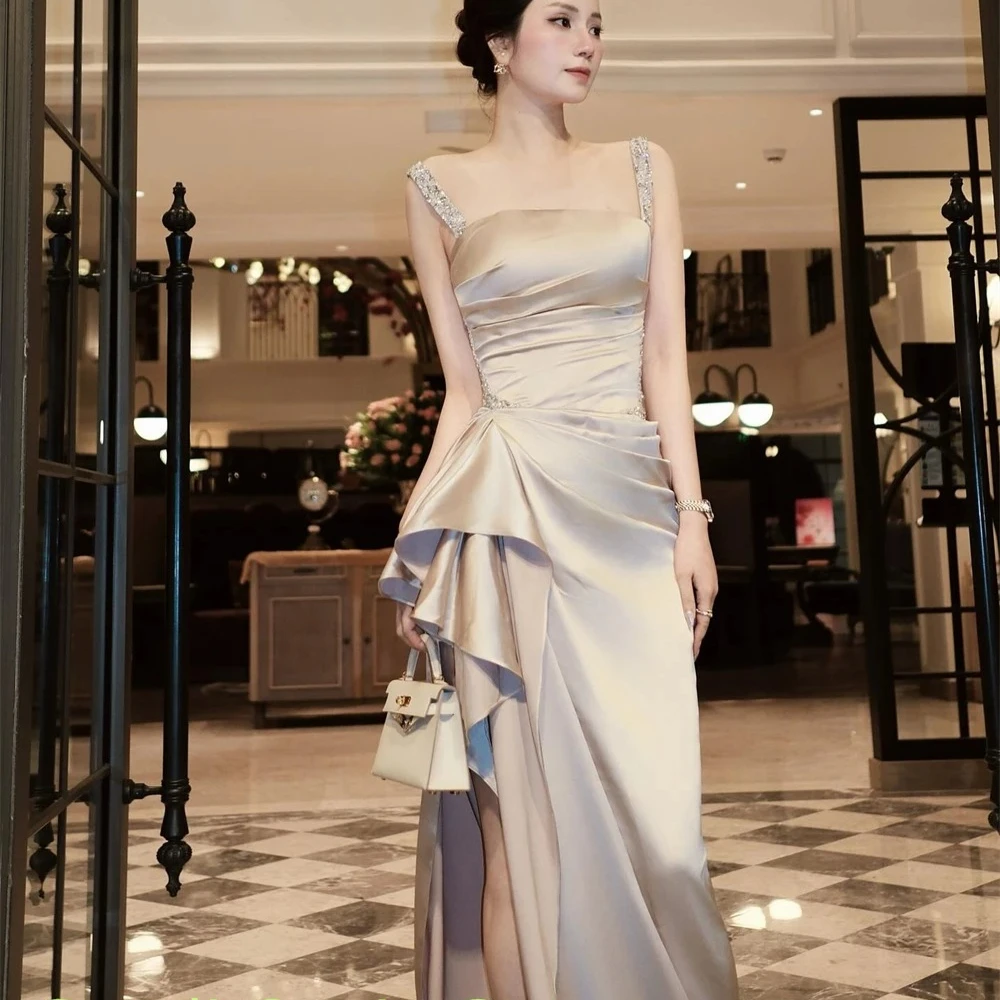 Customized Exquisite Satin Evening Dress Delicate Square Collar Spaghetti Straps Sleeveless Party Dress Fashion Celebrity Gowns