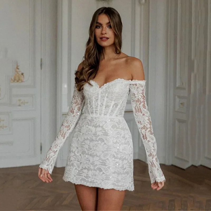 

Smileven Long Sleeve Lace Short Wedding Dress A Line Mini Bride Dresses Vestido de novia Off The Shoulder 2024 Wedding Gowns