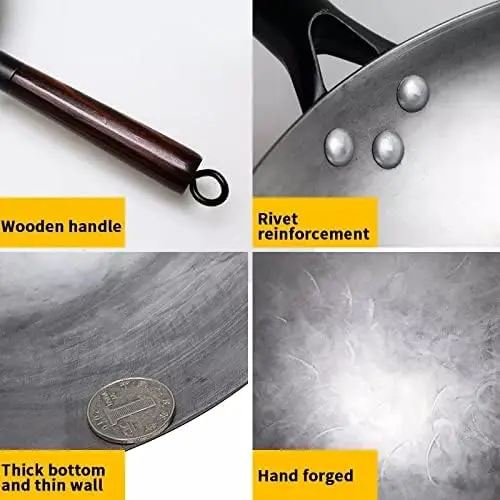 Traditional iron wok,Non-coating Woks Hand forged  For Kitchen PanWooden Handle Wok Kitchen Gas Pot Cookware