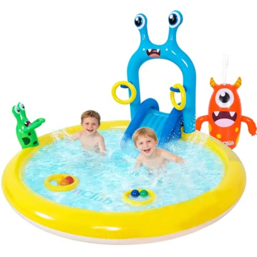 

Надувной водный игровой комплекс Monster Spray Pool Set с горкой, разбрызгивателем, кольцами для метания и шариками, 70x67x54, веселая уличная водная игрушка для лета