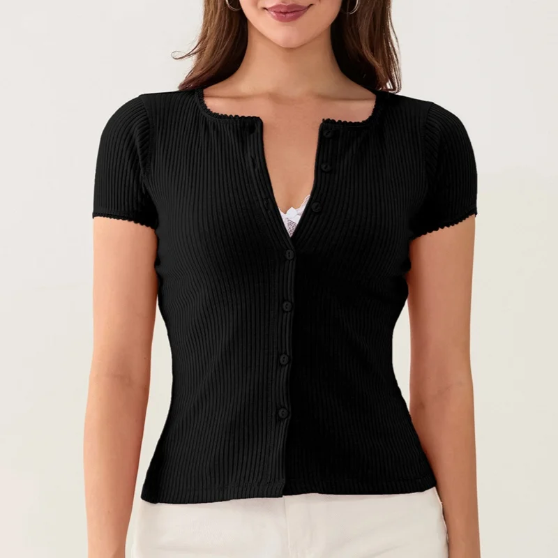 Women Button Up Ribbed Kint Sweater Picot Trim Cap Short Sleeve Shirt Slim Fit Open Front Casual Cardigan Tops