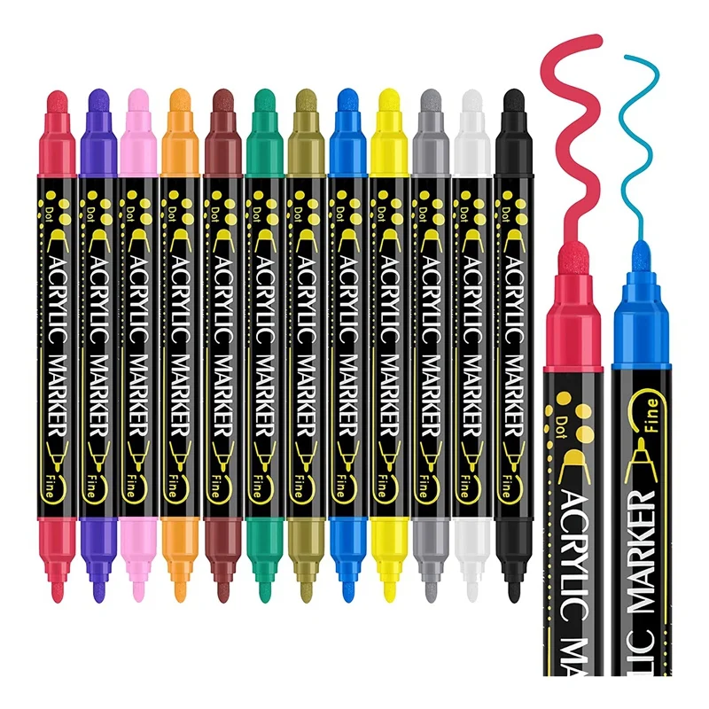 12 Colors Dual Tip Acrylic Paint Pens Acrylic Markers Pens For Wood, Canvas, Stone, Rock Painting, Glass Surfaces