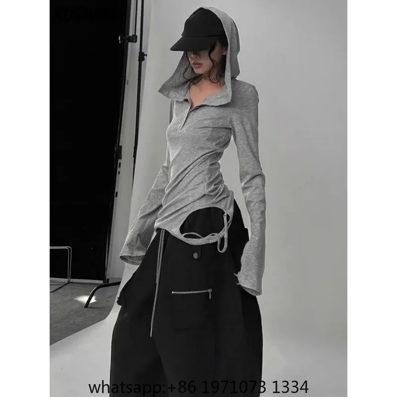 Y2k Aesthetic Hole Hooded T-shirt Women Harajuku Gothic Punk Vintage Button Sexy Tshirts Streetwear Grunge Slim Fit Fairy Tees
