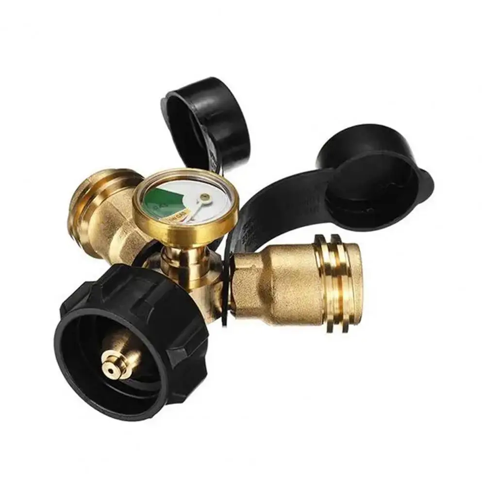 Gas Tank Adapter with Gas Level Indicator 2-way Propane Gas Tank Adapter with Level Indicator Gauge Metal Connector for Outdoor