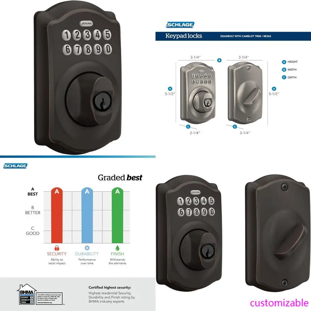 BE365 V CAM 716 Camelot Touchscreen Deadbolt، قفل دخول بدون مفتاح بلمسة نهائية برونزية قديمة #1