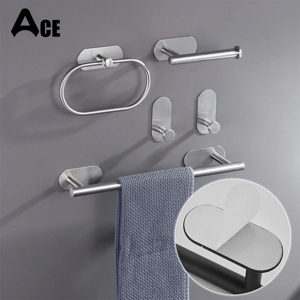 

No Drilling Self-adhesive Black Towel Bar Holder Robe Hook Toilet Paper Rack Brushed Gold Bathroom Hardware Accessories Set