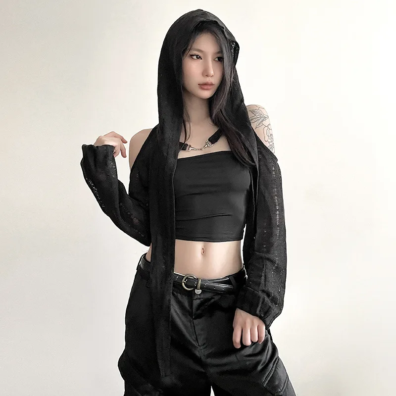 New Women's Solid Color Slim Fit with Exposed Navel Street Fashion Hooded Long Sleeved Top for Women