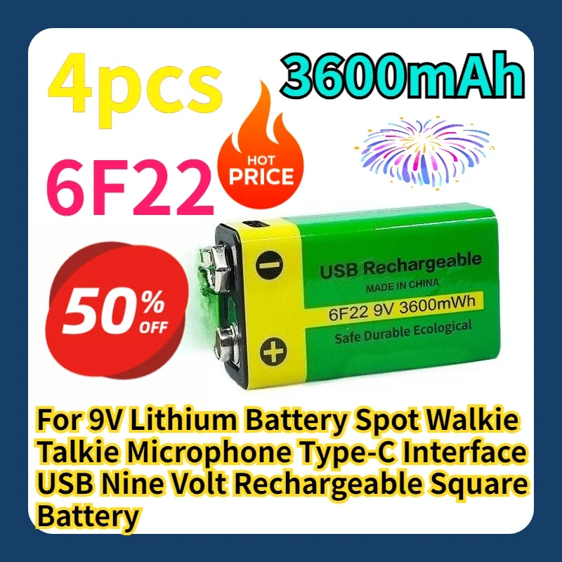 For 9V Lithium Battery Spot Walkie Talkie Microphone Type-C Interface USB Nine Volt Rechargeable Square Battery 4pcs