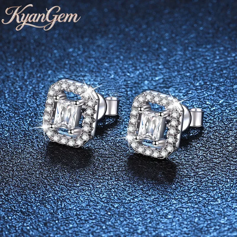 KyanGem 18K Gold Inlaid Diamond Earrings 18K Platinum Full Diamond Rectangular 50 Points D Color Moissanite Earrings