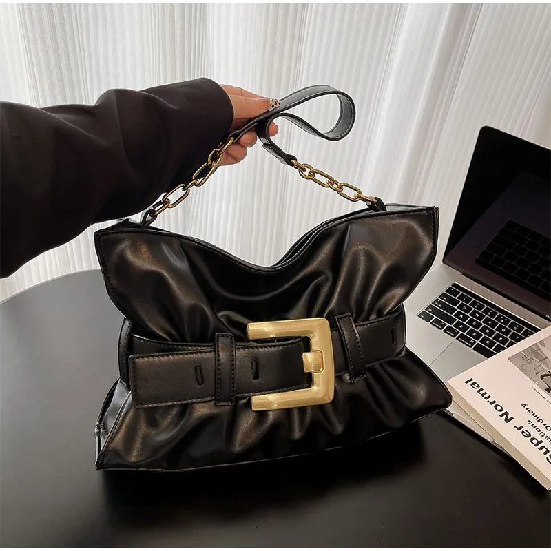 

Brand Design Belt Buckle Handbag, Exquisite Pleated Cloud Underarm Bag Commuter Shoulder Bag Casual Versatile Women's Wallet Bag