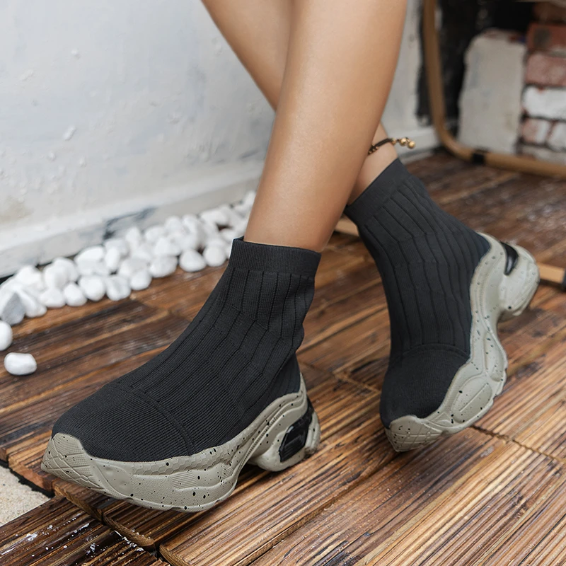 2022 New Women's Platform Shoes Ankle Sock Boots Thick Bottom Solid Color Slip on Ladies Knitted Female Shoe Casual Botas Mujer