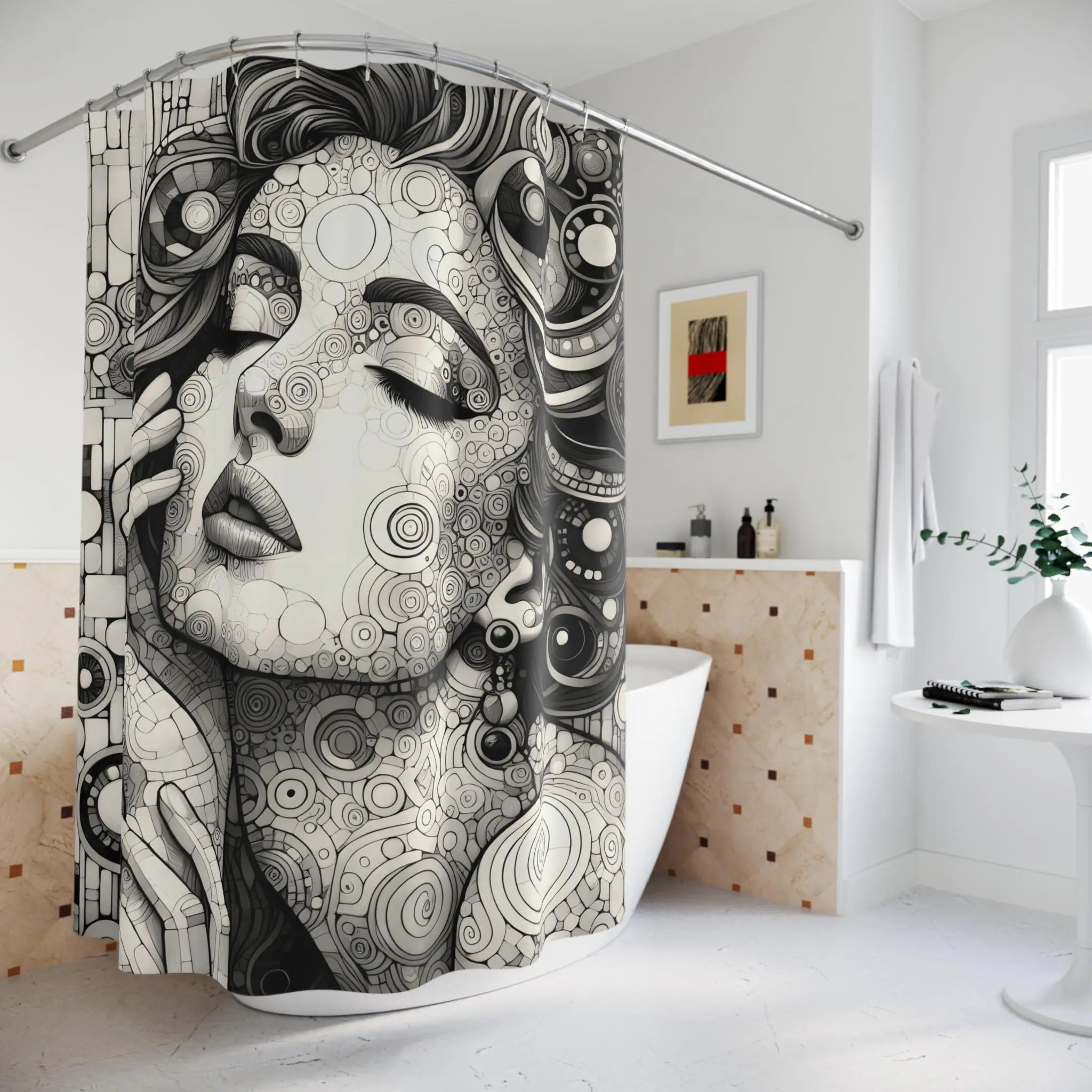 Black and White Line Art Woman Portrait Shower Curtain Bathroom Wall Decor Modern Abstract Style