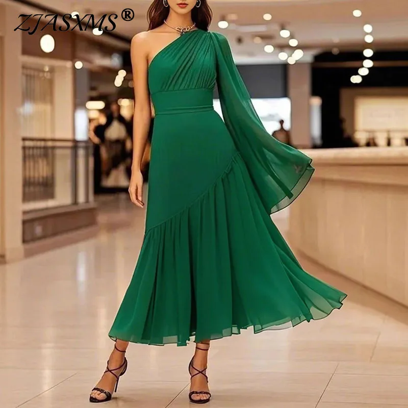 Eleganckie, jednolite, łączone, plisowane długie sukienki damskie, seksowne suknie wieczorowe z asymetrycznym dekoltem, jesienne sukienki boho z ukośnymi ramionami i długim rękawem.