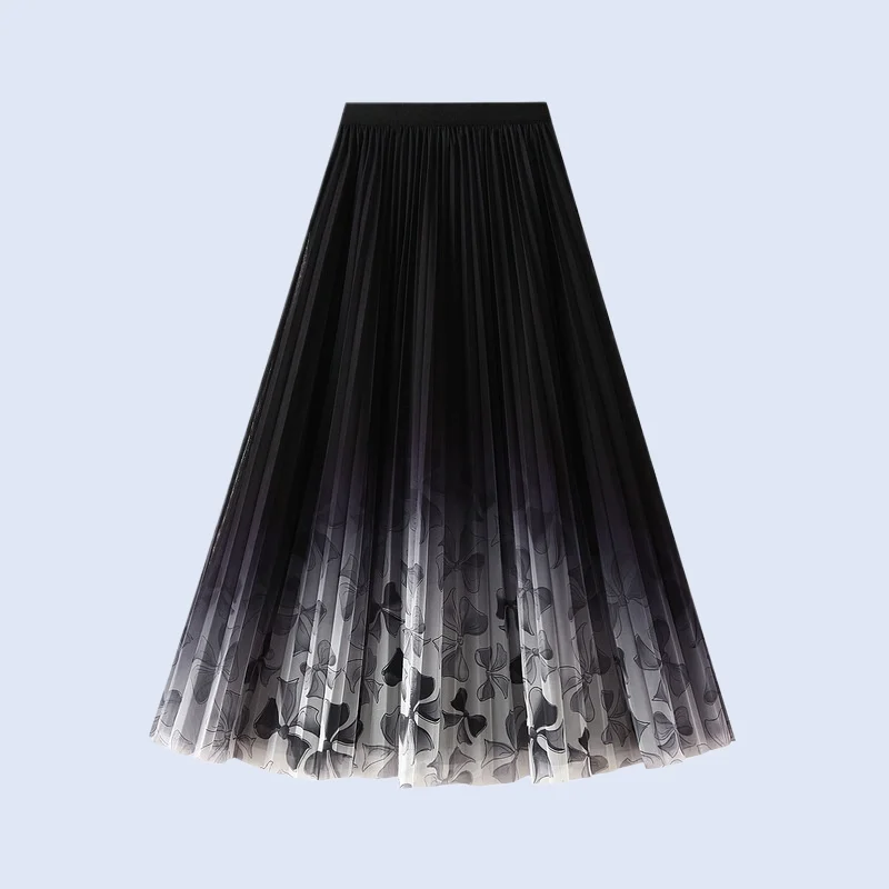 

Women's Printed Mesh Half Skirt, Pleated Skirt, Mid Length, Drape, Pleated, New Medium length dress, mini skirt