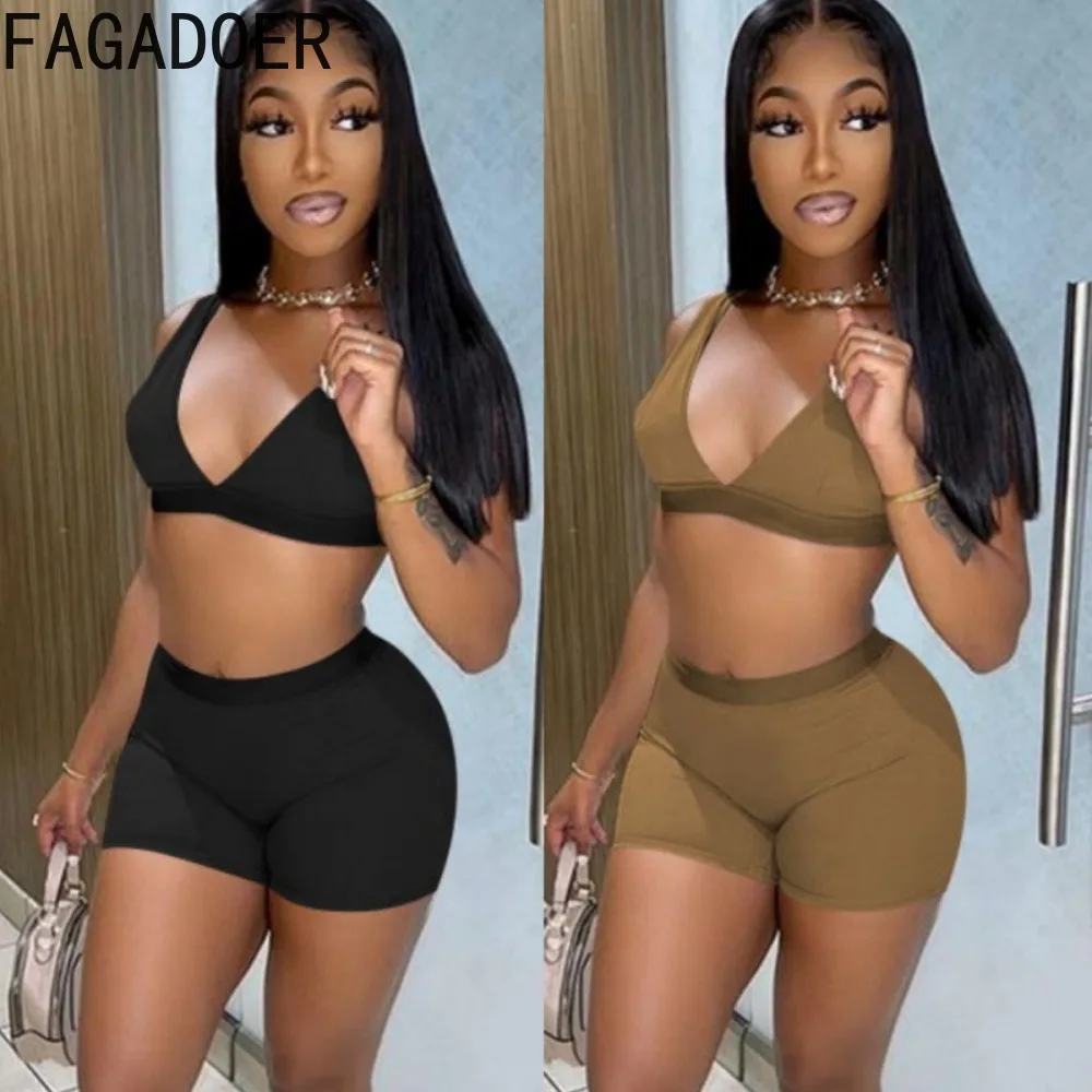 

FAGADOER Summer New Solid Color Sporty Two Piece Sets Women V Neck Sleeveless Tank Top And Shorts Outfits Female 2pcs Tracksuits