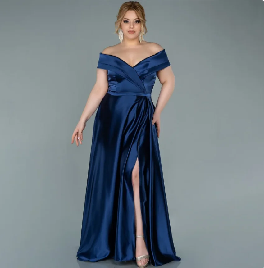 Princess V-neck Satin Dresses with Pockets Slate Blue Plus Size