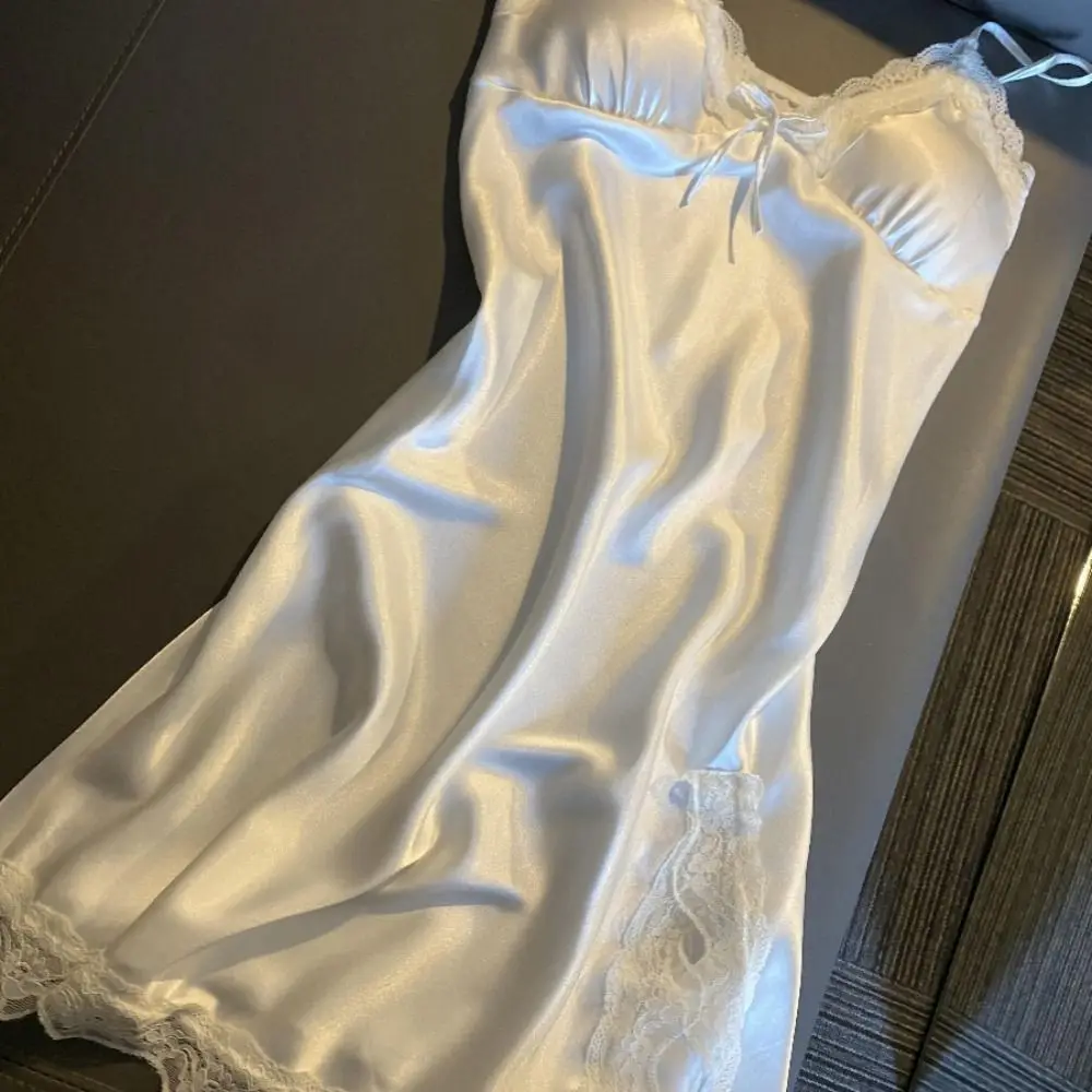 Lace Bow Women's Pajama Dress Split Thin Ice Silk Suspender Nightdress Sleepwear Party Dress Slim Sling Nightgown Spicy Girl