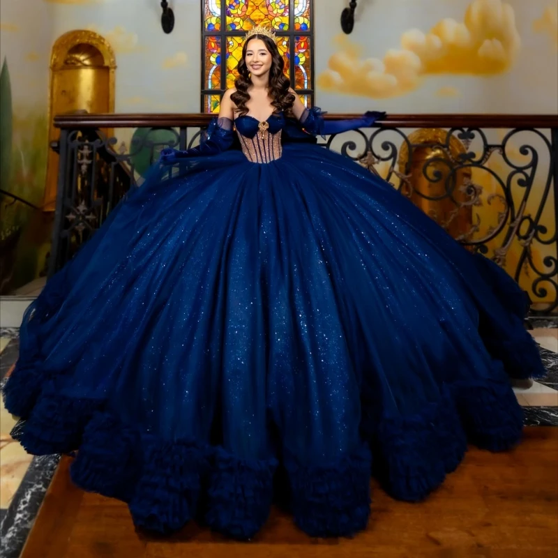 

Navy Blue Shiny Quinceanera Dresses Off The Shoulder Beading Crystal Bow Tiered Tull Corset Party Birthday Sweet 16 Dress Vestid