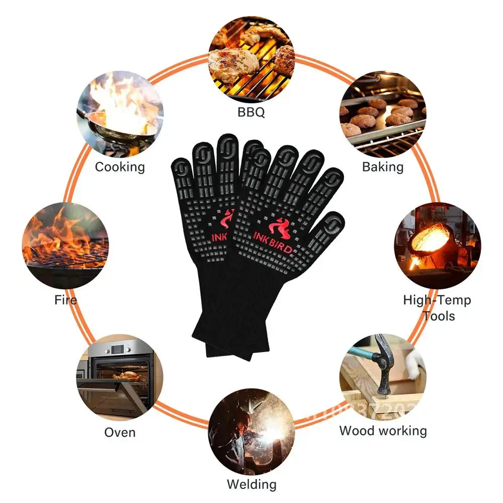 INKBIRD Hot 14inch BBQ Grill Gloves 1472℉ Extreme Heat Resistant Grilling Glove Non-Slip Silicone Insulated Grill Mitts for BBQ