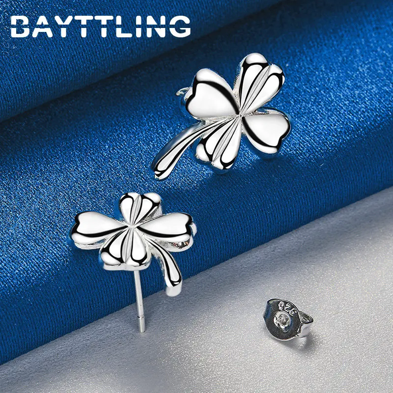 

BAYTTLING Real 925 Sterling Silver 17MM Four Leaf Clover Stud Earrings For Women Fashion Wedding Gift Jewelry Charm Earrings