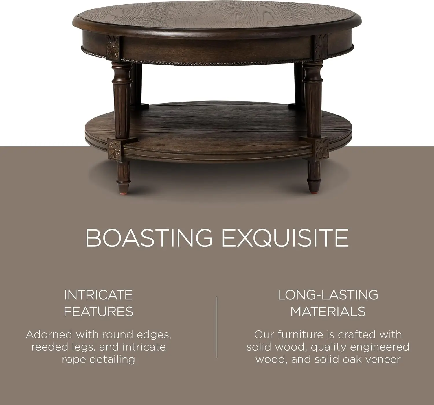 Pullman-Grande table basse ronde incurvée à 2 niveaux, en bois, avec étagère de rangement, marron antique rustique