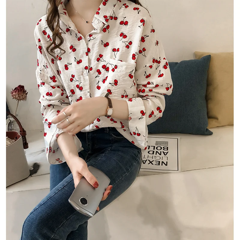 

Sweet Cherry Print Long Sve irt Women's Versatile Lazy College Sle Belly Cover Slimming Top Korean Sle Commute Wind