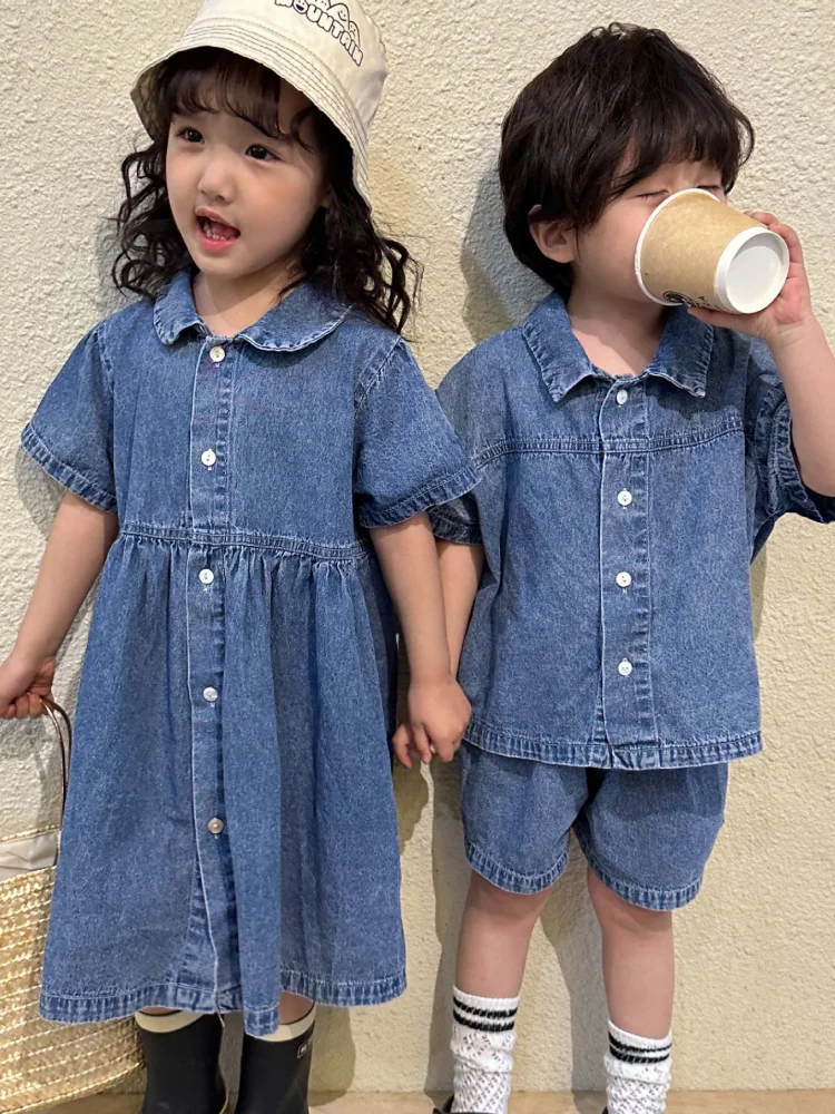 Children\'s Summer Denim Set Boys\' 2024 New Baby Short Sleeve Summer Dress Girls\' Dress Siblings\' 80-150cm Cute Korean Fashion