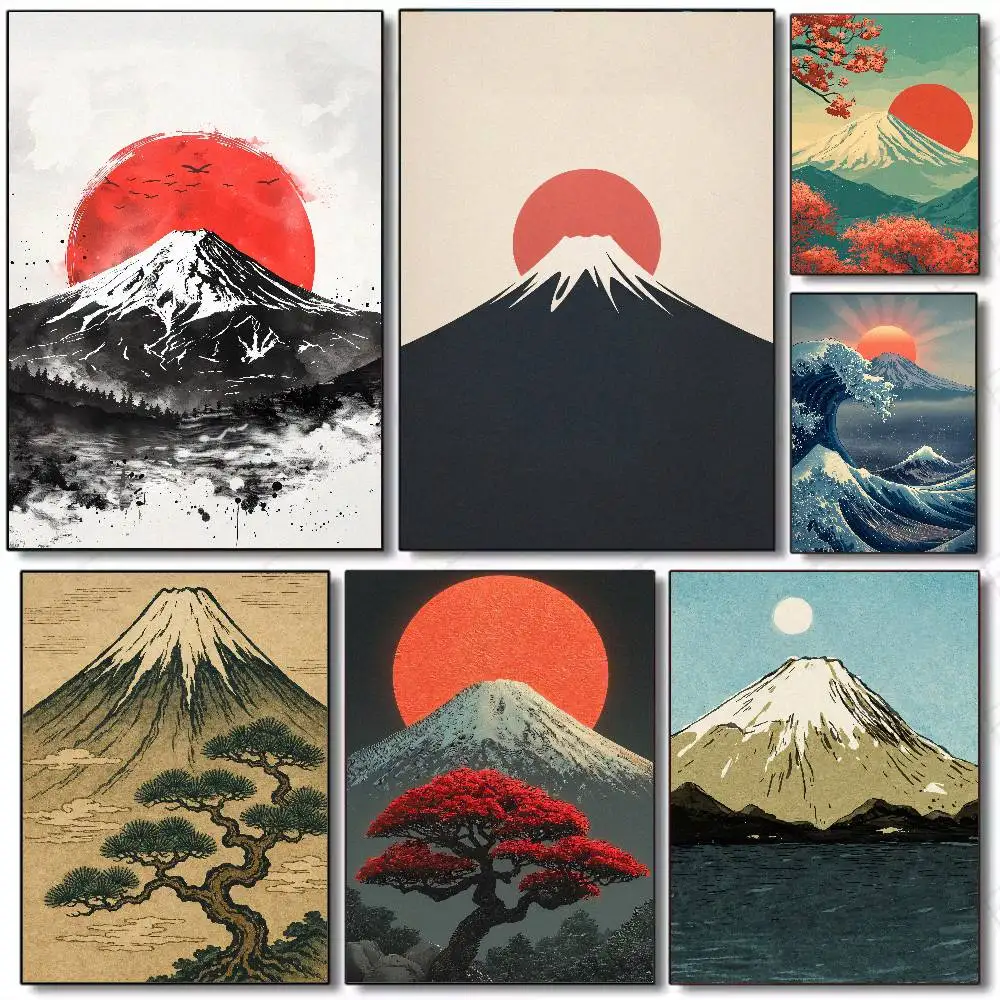 Japanese Ukiyo-e Mount Fuji Poster Vintage Great Wave Cherry Blossom Landscape Canvas Print Retro Room Bedroom Decor