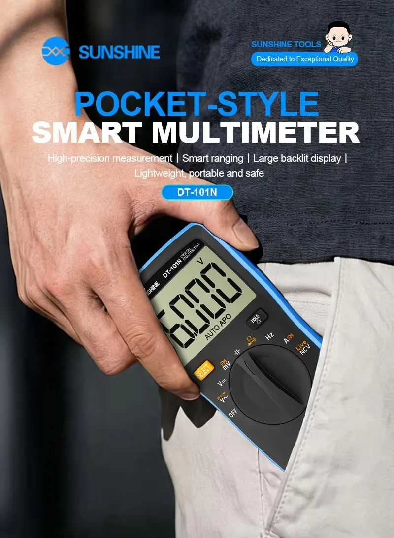 SUNSHINE DT-101N Portable Smart Multimeter Auto Ranging 5999 Counts True RMS Large Backlit Display Flame Retardant Housing