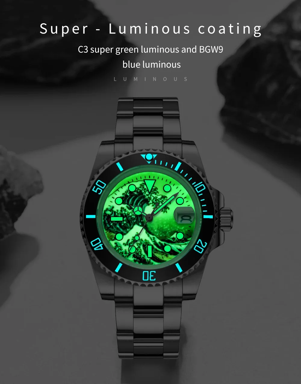 Reloj automático de buceo superluminoso para hombre, esfera de surf Kagawana, banda de pulido medio, reloj NH35 resistente al agua de 200m, inserto luminoso