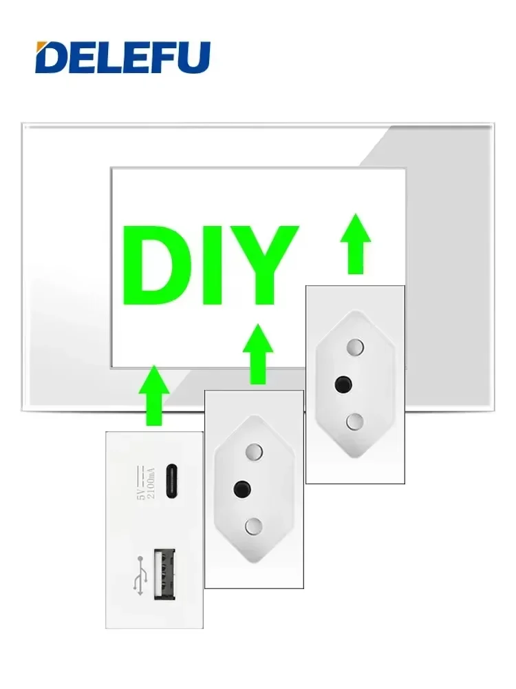 DELEFU Brazilian Standard Free Combination Function USB Type C Key DIY Switch Socket 118mm*72mm White PC Panel